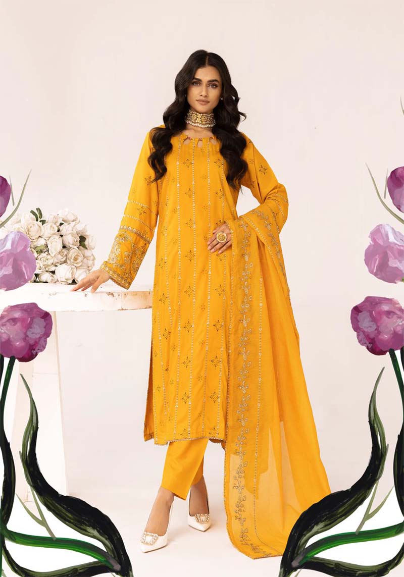 Muskari Embroidered Mustard 3 Piece Kameez Outfit with Net Dupatta - Desi Posh