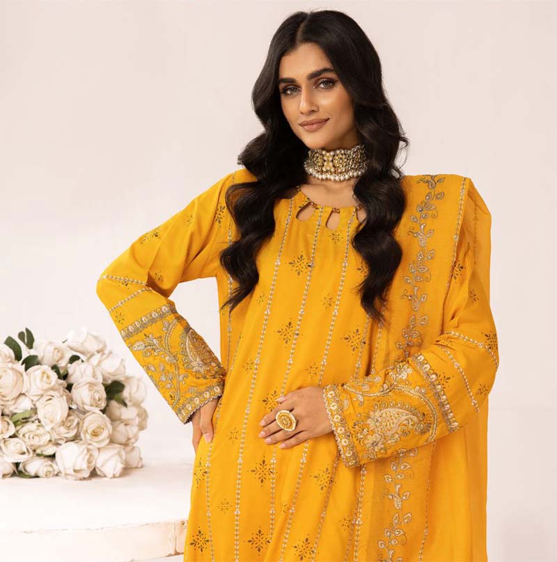 Muskari Embroidered Mustard 3 Piece Kameez Outfit with Net Dupatta - Desi Posh
