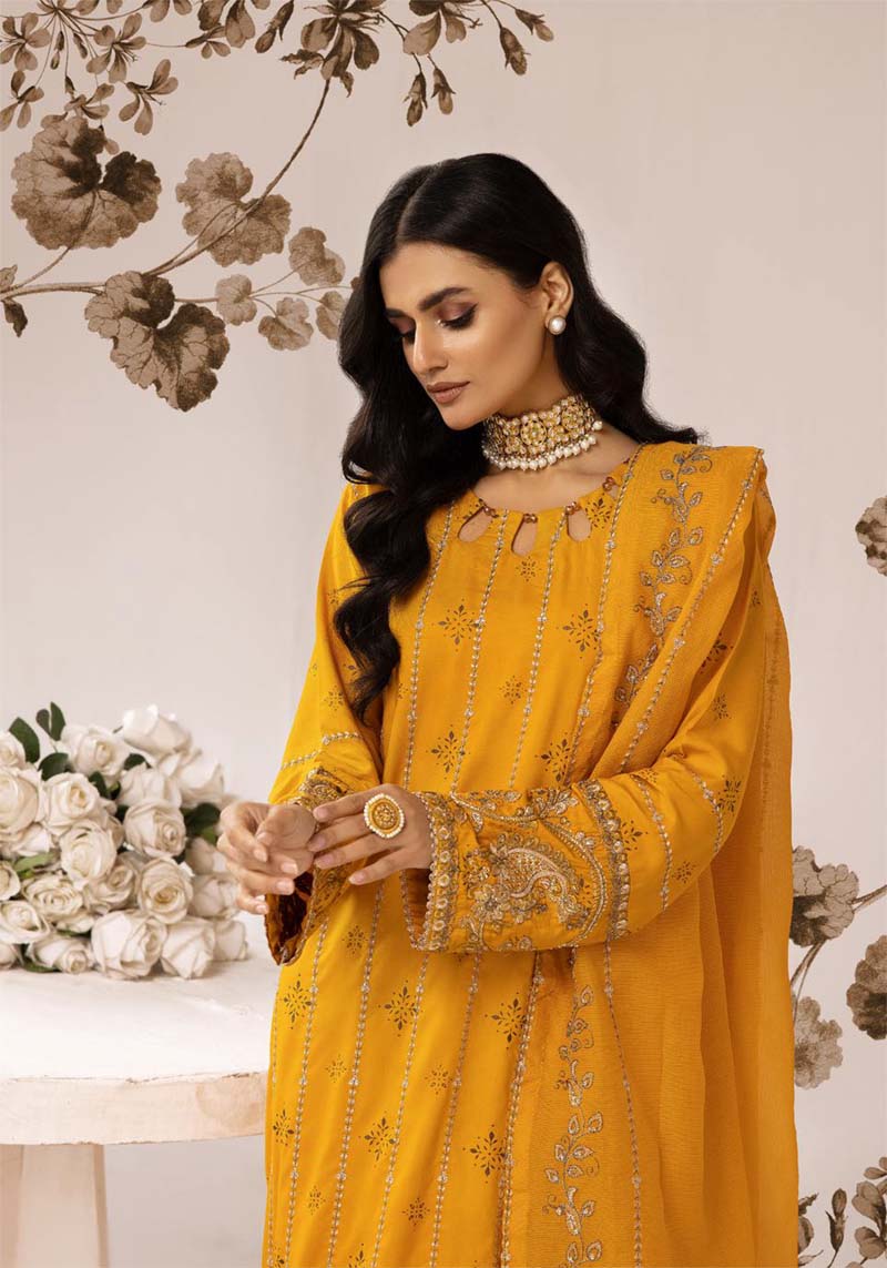 Muskari Embroidered Mustard 3 Piece Kameez Outfit with Net Dupatta - Desi Posh