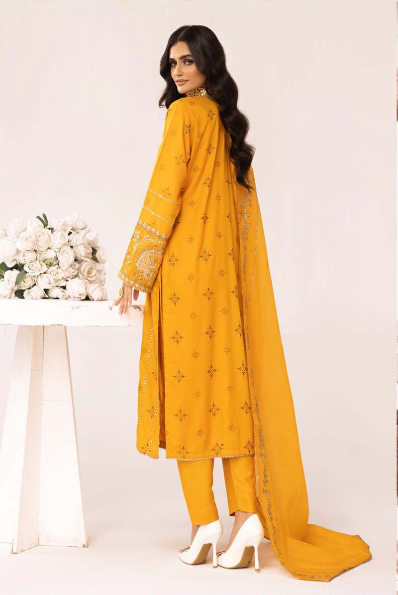 Muskari Embroidered Mustard 3 Piece Kameez Outfit with Net Dupatta - Desi Posh