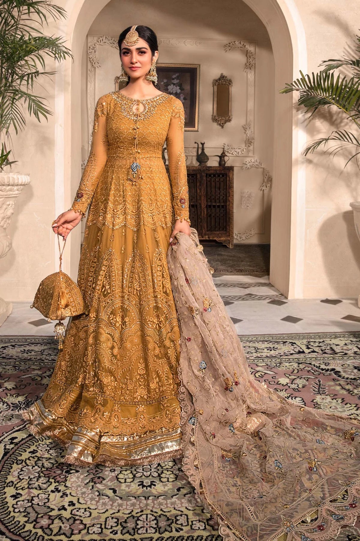 Maria B Inspired Mbroidered Mustard Chiffon 3 Piece Wedding Outfit - Desi Posh