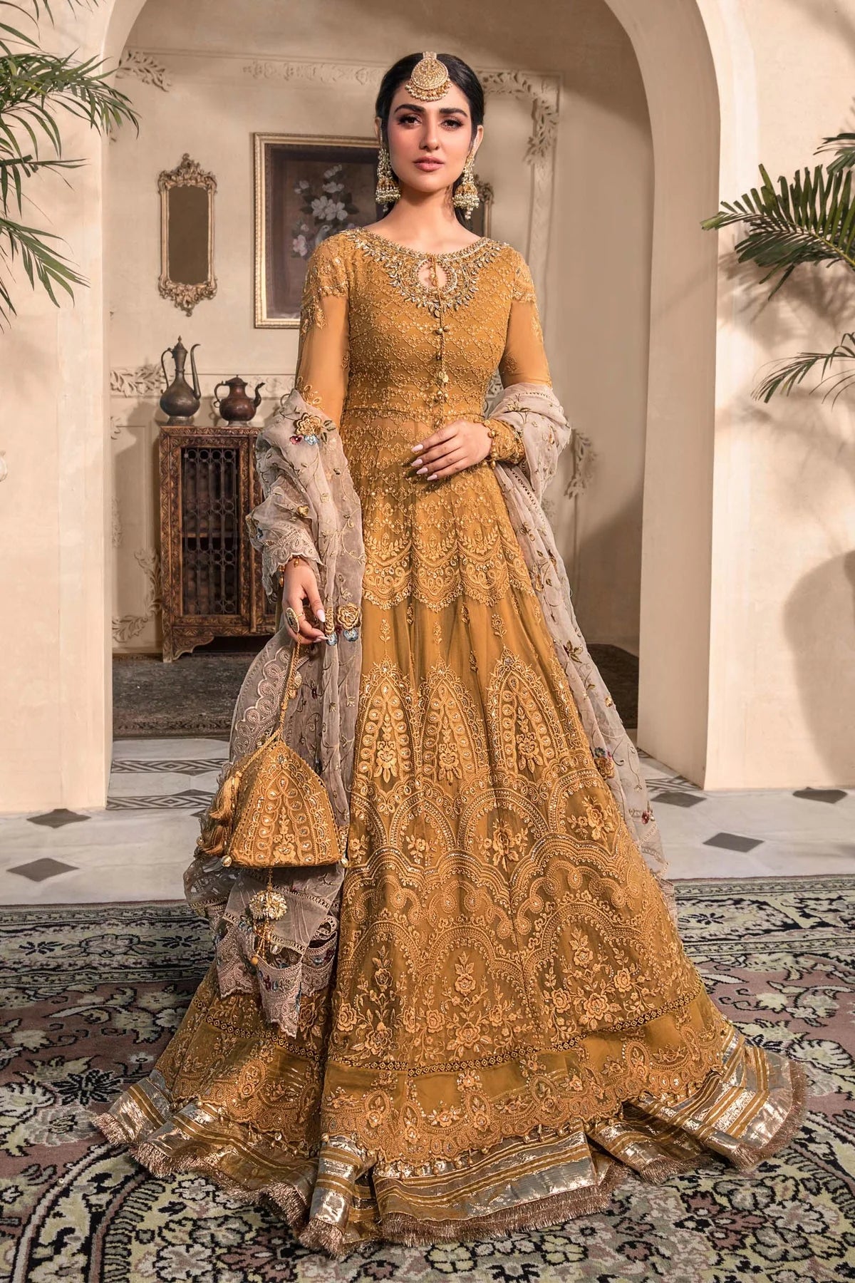 Maria B Inspired Mbroidered Mustard Chiffon 3 Piece Wedding Outfit - Desi Posh