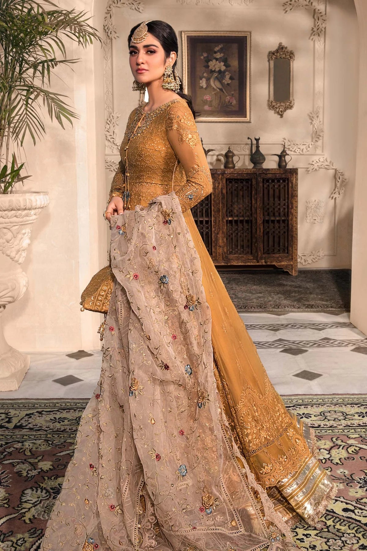 Maria B Inspired Mbroidered Mustard Chiffon 3 Piece Wedding Outfit - Desi Posh