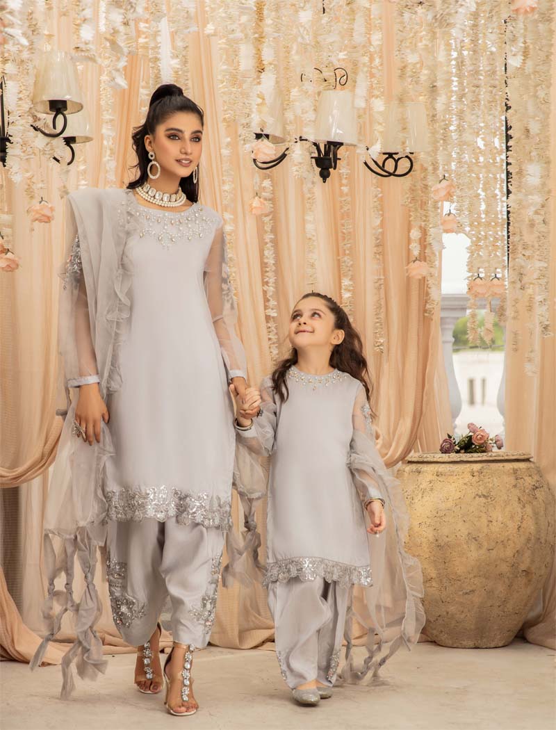 Ivana Luxury Silk Mummy & Me Girls Silver Outfit RS10K - Desi Posh