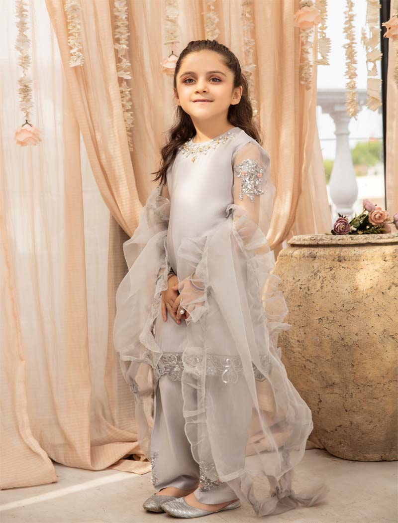 Ivana Luxury Silk Mummy & Me Girls Silver Outfit RS10K - Desi Posh