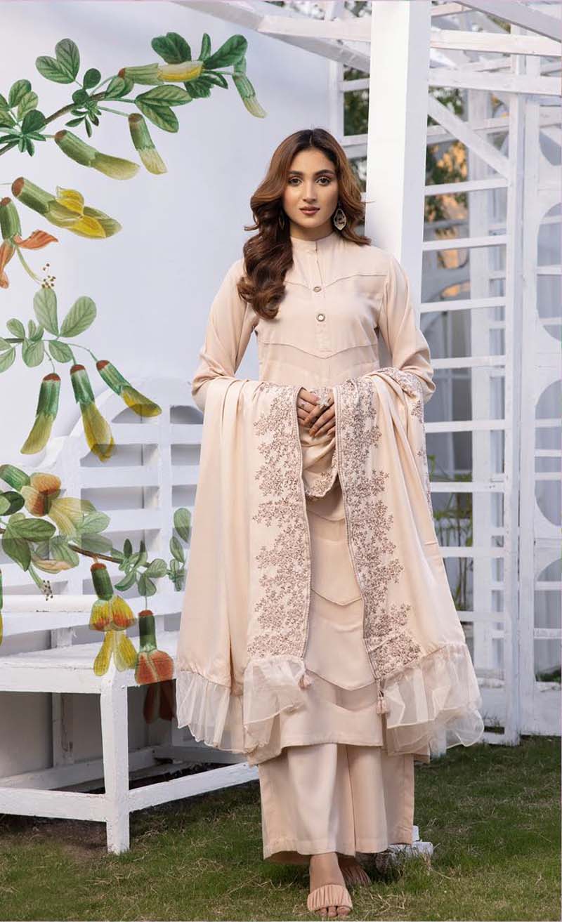 Nakhra Dhanak 3 Piece Winter Outfit With Embroidered Shawl Cream - Desi Posh
