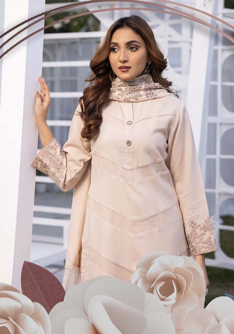 Nakhra Dhanak 3 Piece Winter Outfit With Embroidered Shawl Cream - Desi Posh