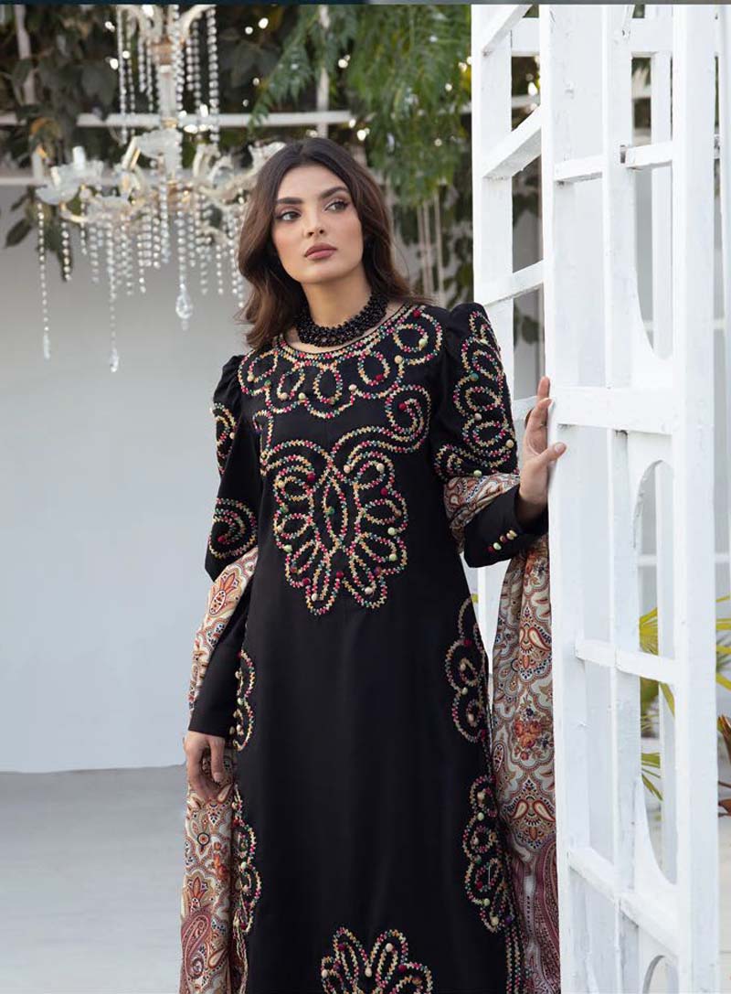 Nakhra Dhanak 3 Piece Winter Outfit With Digitally Printed Shawl Black - Desi Posh