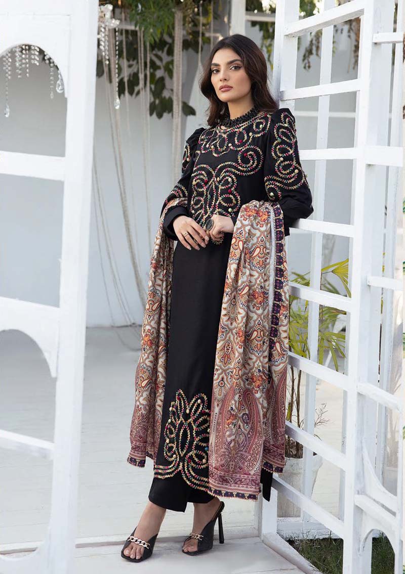 Nakhra Dhanak 3 Piece Winter Outfit With Digitally Printed Shawl Black - Desi Posh