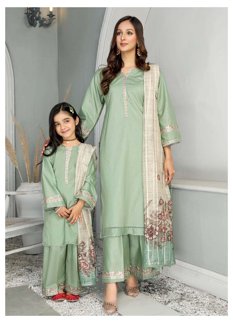 Simrans Mummy & Me Girls Cotton Eid Suit Green CT03K - Desi Posh
