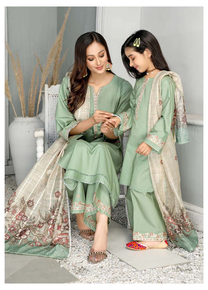 Simrans Mummy & Me Girls Cotton Eid Suit Green CT03K - Desi Posh