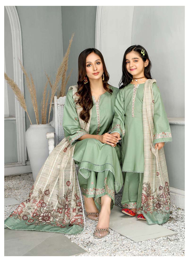 Simrans Mummy & Me Girls Cotton Eid Suit Green CT03K - Desi Posh