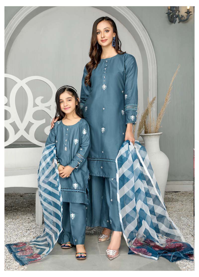 Simrans Mummy & Me Girls Cotton Eid Suit Teal CT01K - Desi Posh