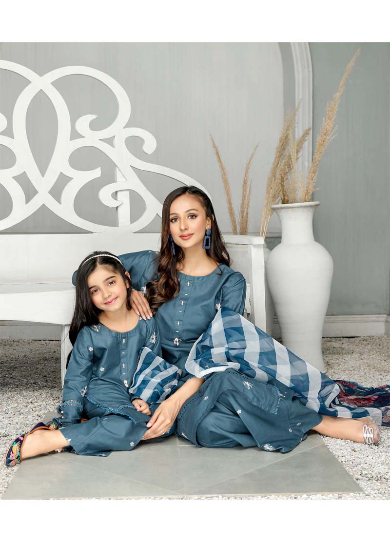 Simrans Mummy & Me Girls Cotton Eid Suit Teal CT01K - Desi Posh