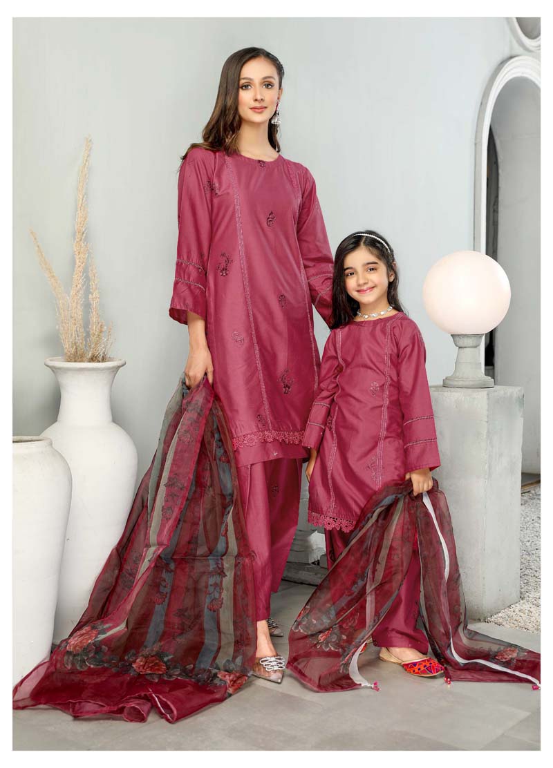 Simrans Mummy & Me Girls Cotton Eid Suit Maroon CT06K - Desi Posh