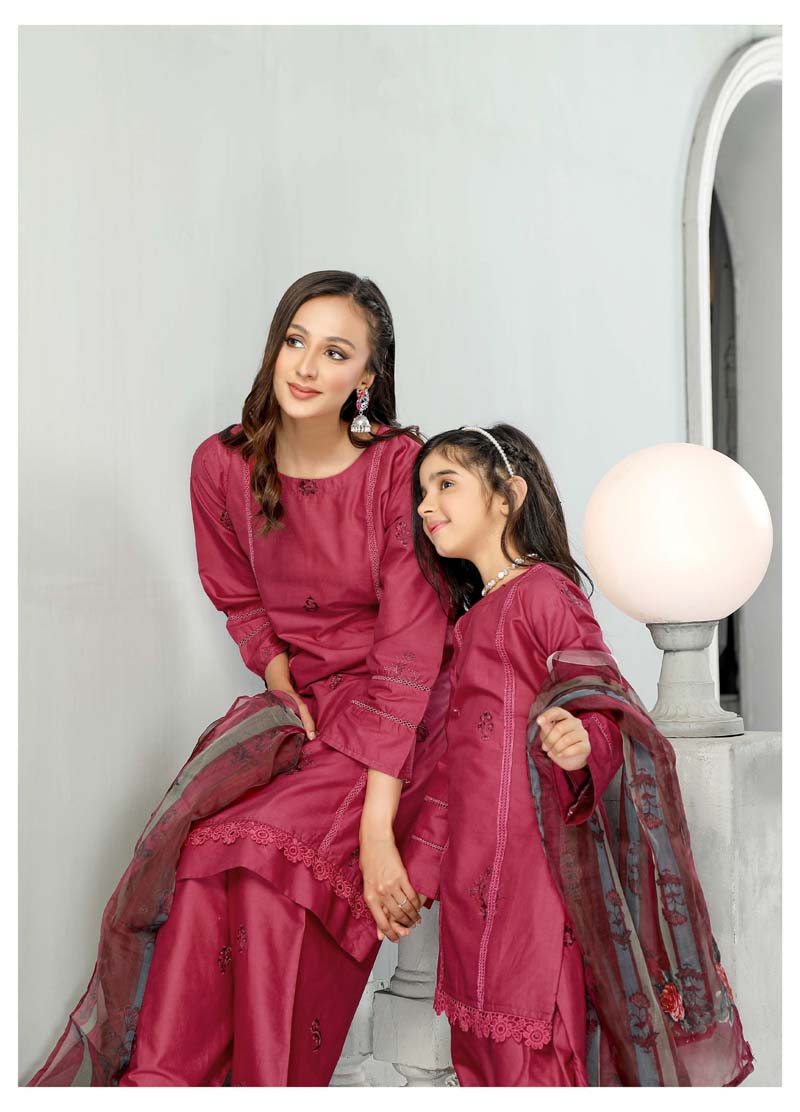 Simrans Mummy & Me Girls Cotton Eid Suit Maroon CT06K - Desi Posh