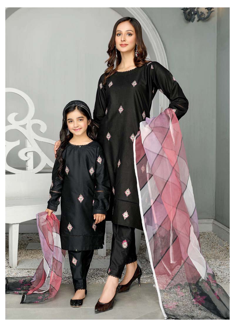 Simrans Mummy & Me Girls Cotton Eid Suit Black CT02K - Desi Posh