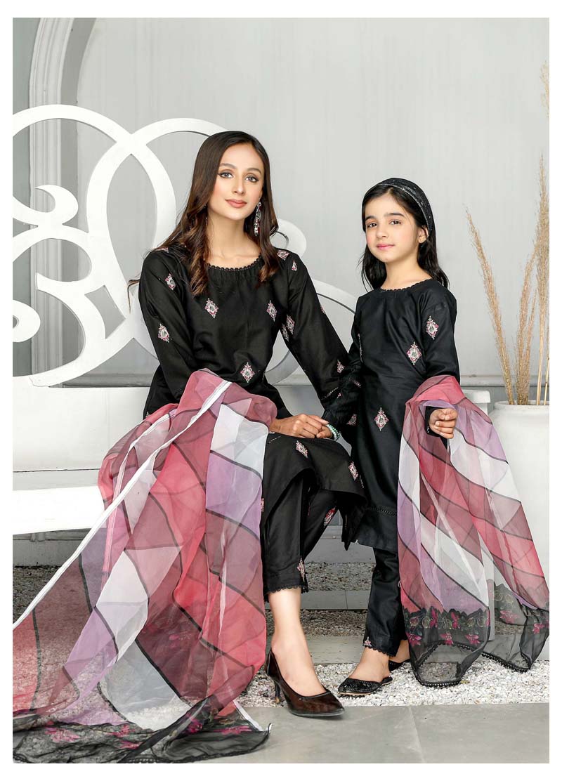 Simrans Mummy & Me Girls Cotton Eid Suit Black CT02K - Desi Posh