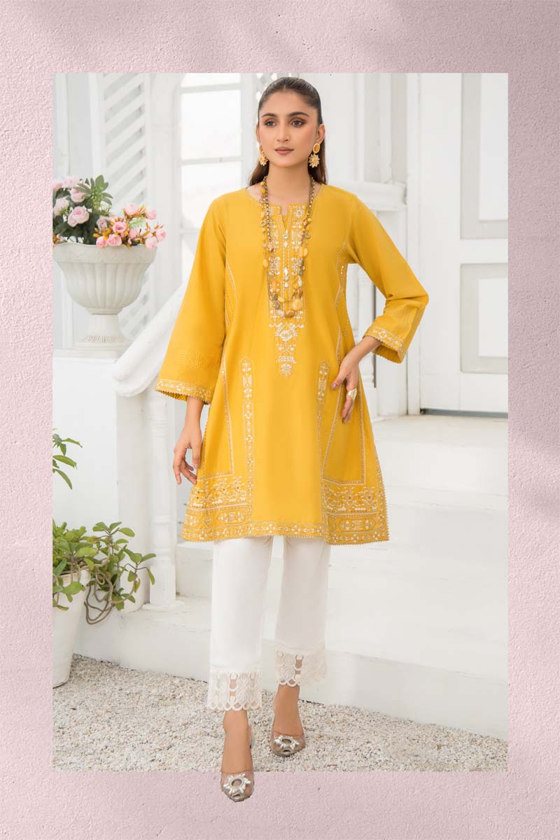 Limelight Inspired Pakistani Cotton Embroidered Kurta Mustard - Desi Posh