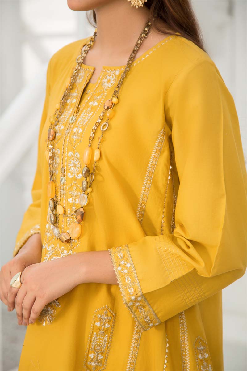 Limelight Inspired Pakistani Cotton Embroidered Kurta Mustard - Desi Posh