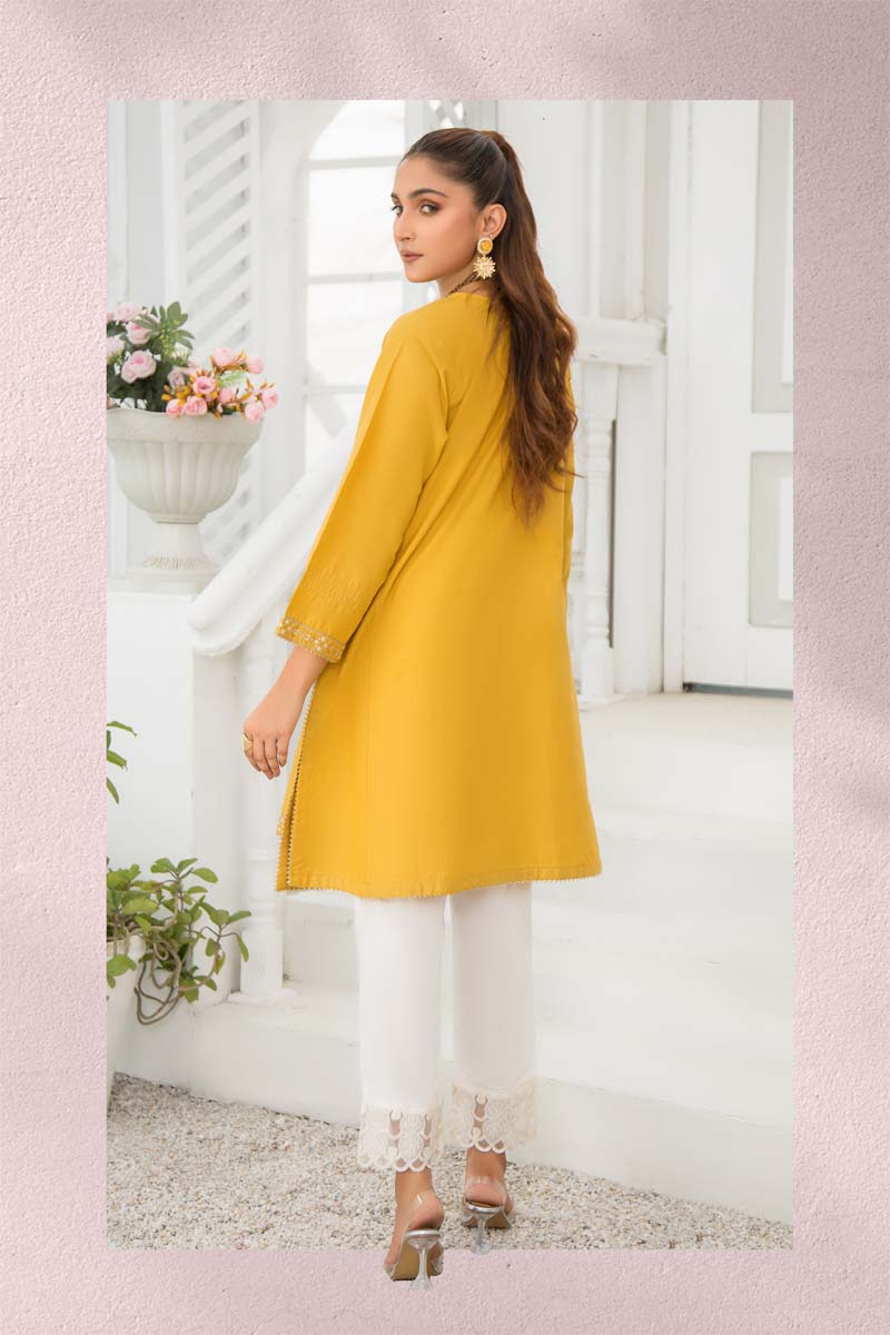 Limelight Inspired Pakistani Cotton Embroidered Kurta Mustard - Desi Posh