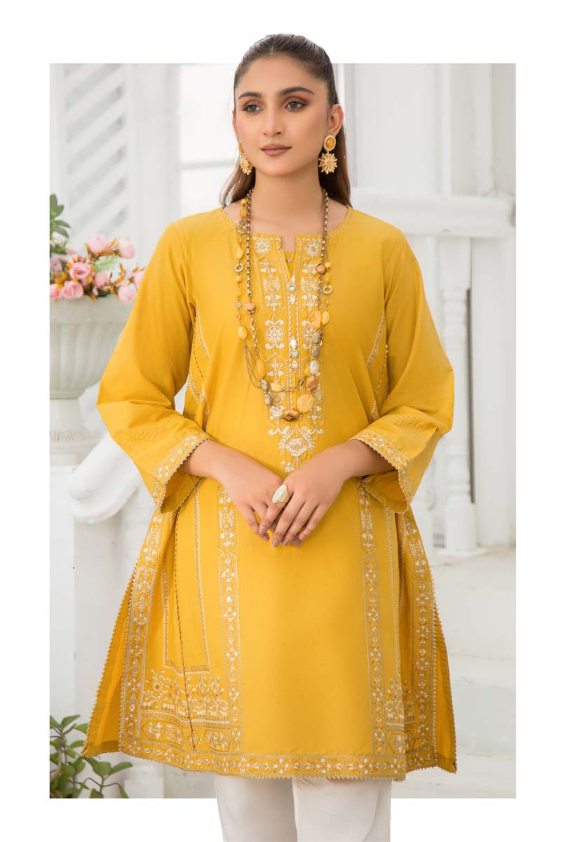 Limelight Inspired Pakistani Cotton Embroidered Kurta Mustard - Desi Posh