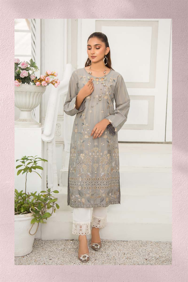 Ethnic Inspired Pakistani Lawn Embroidered Kurta Grey - Desi Posh