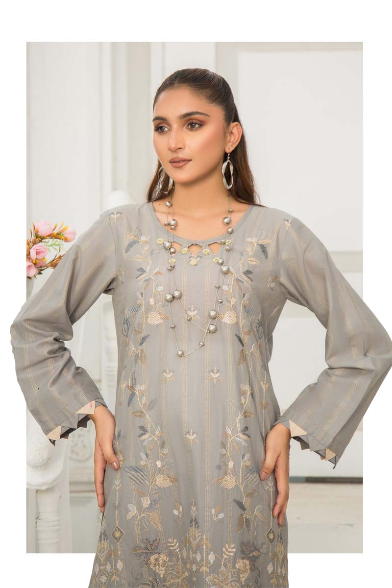 Ethnic Inspired Pakistani Lawn Embroidered Kurta Grey - Desi Posh