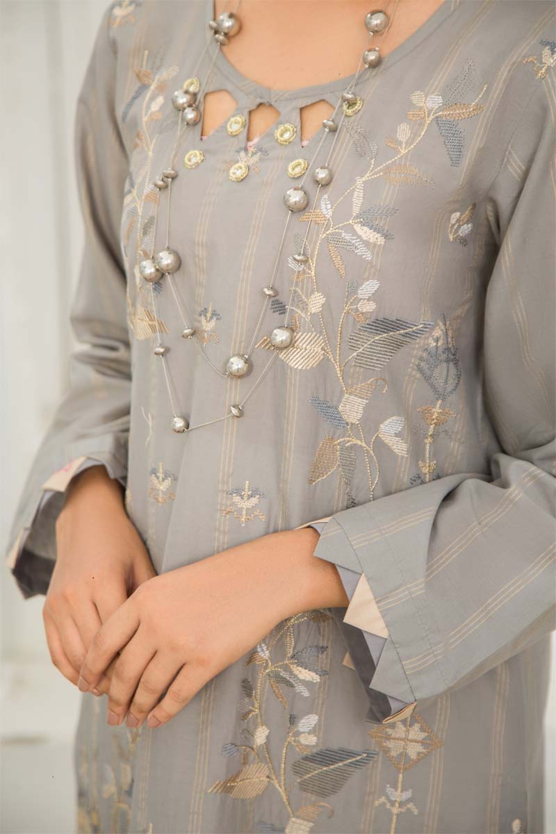 Ethnic Inspired Pakistani Lawn Embroidered Kurta Grey - Desi Posh