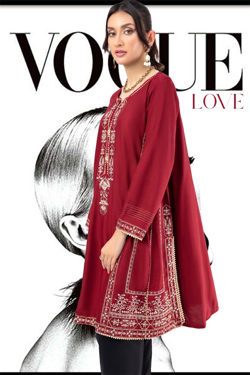 Limelight Inspired Pakistani Linen Embroidered Kurta Maroon - Desi Posh