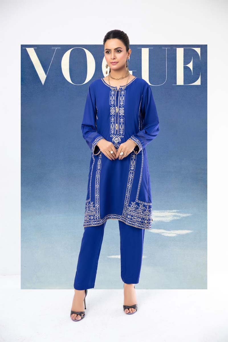 Limelight Inspired Pakistani Linen Embroidered Kurta Blue - Desi Posh