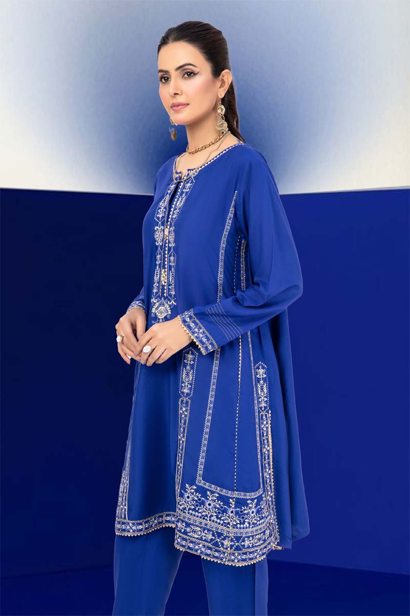 Limelight Inspired Pakistani Linen Embroidered Kurta Blue - Desi Posh