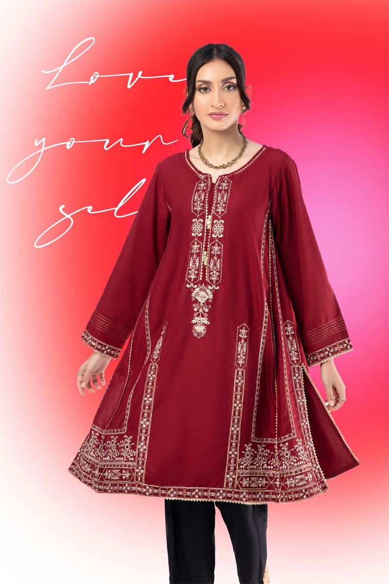 Limelight Inspired Pakistani Linen Embroidered Kurta Maroon - Desi Posh