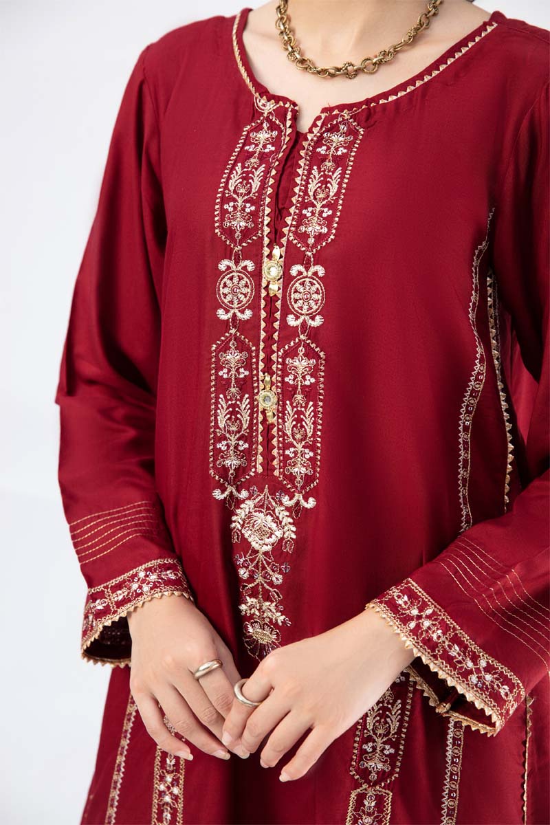 Limelight Inspired Pakistani Linen Embroidered Kurta Maroon - Desi Posh