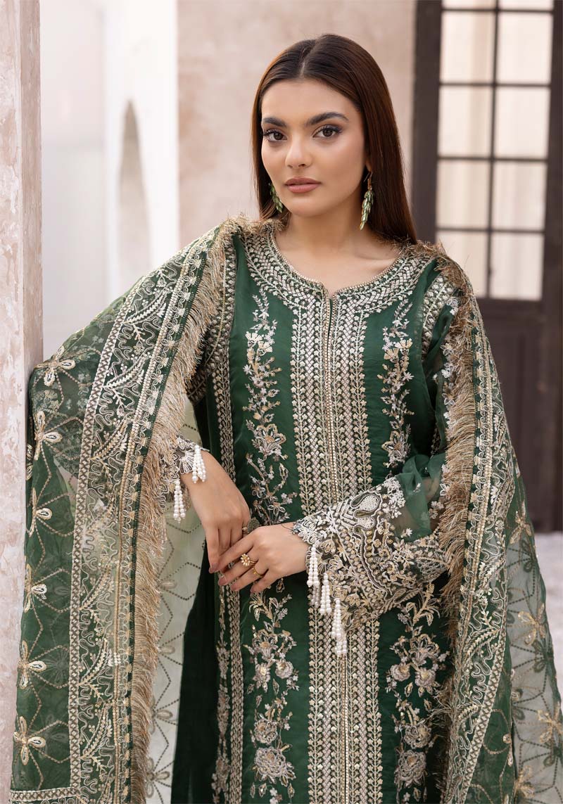 Imrozia Designer Noori Inspired Embroidered Green 3 Piece Wedding Outfit - Desi Posh