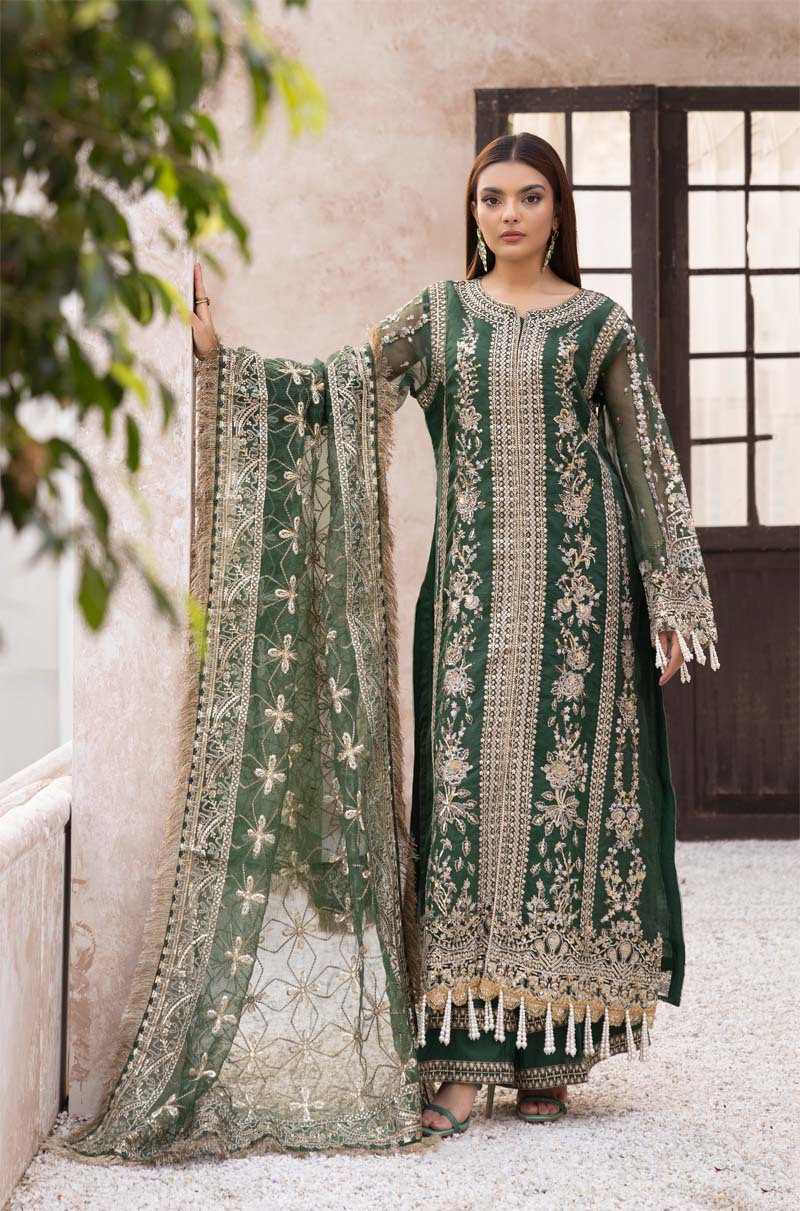 Imrozia Designer Noori Inspired Embroidered Green 3 Piece Wedding Outfit - Desi Posh