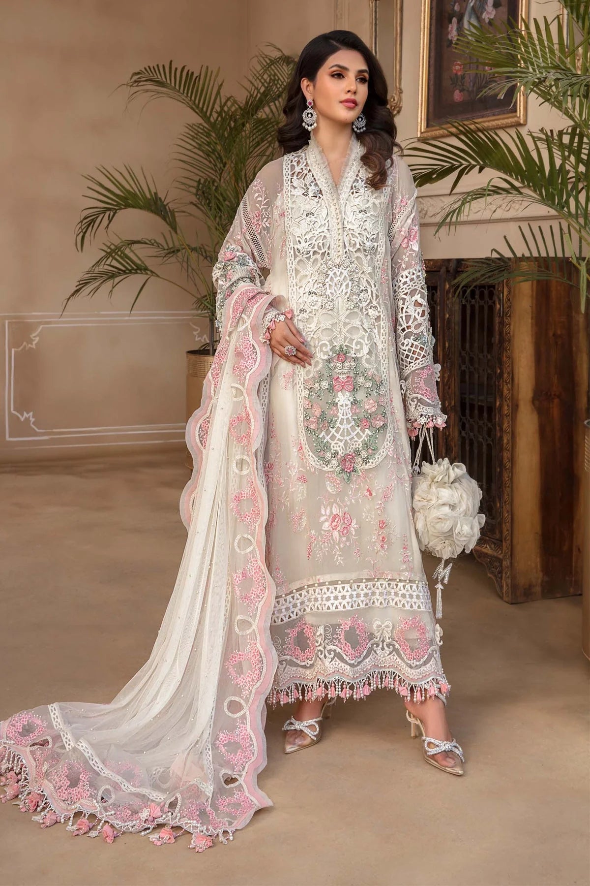 Maria B Inspired Mbroidered Off White 3 Piece Wedding Outfit - Desi Posh