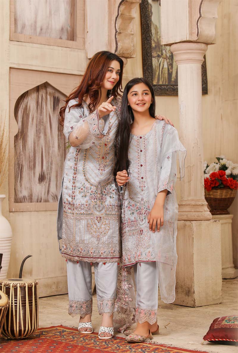 Stunning Organza Mummy & Me Kids Eid suit Grey - Desi Posh