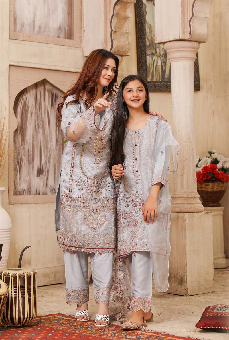 Stunning Organza Mummy & Me Ladies Eid suit Grey - Desi Posh