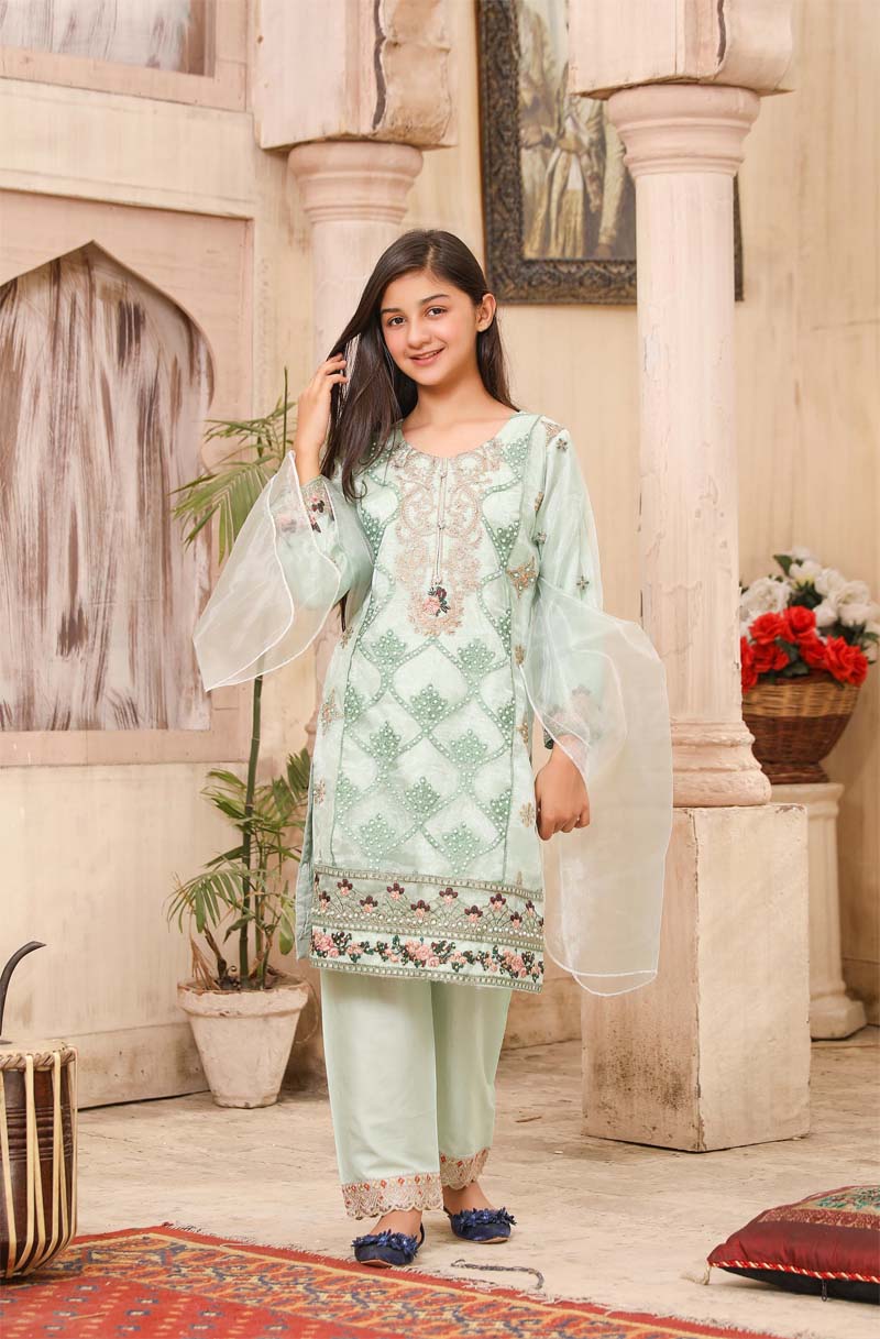 Stunning Organza Mummy & Me Kids Eid suit Mint - Desi Posh