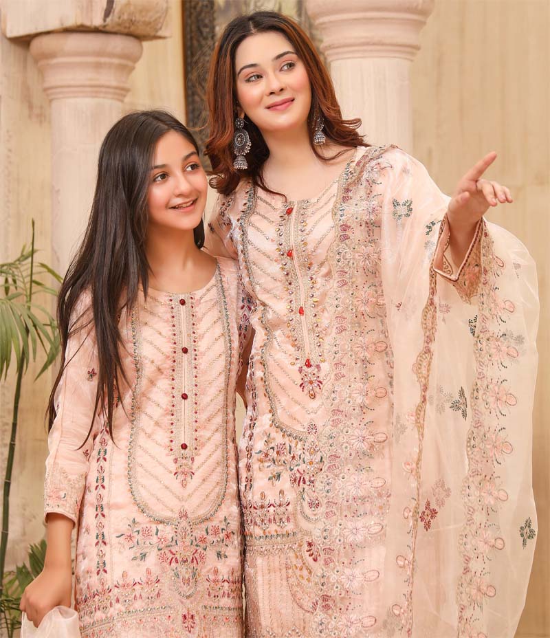 Stunning Organza Mummy & Me Ladies Eid suit Pink - Desi Posh