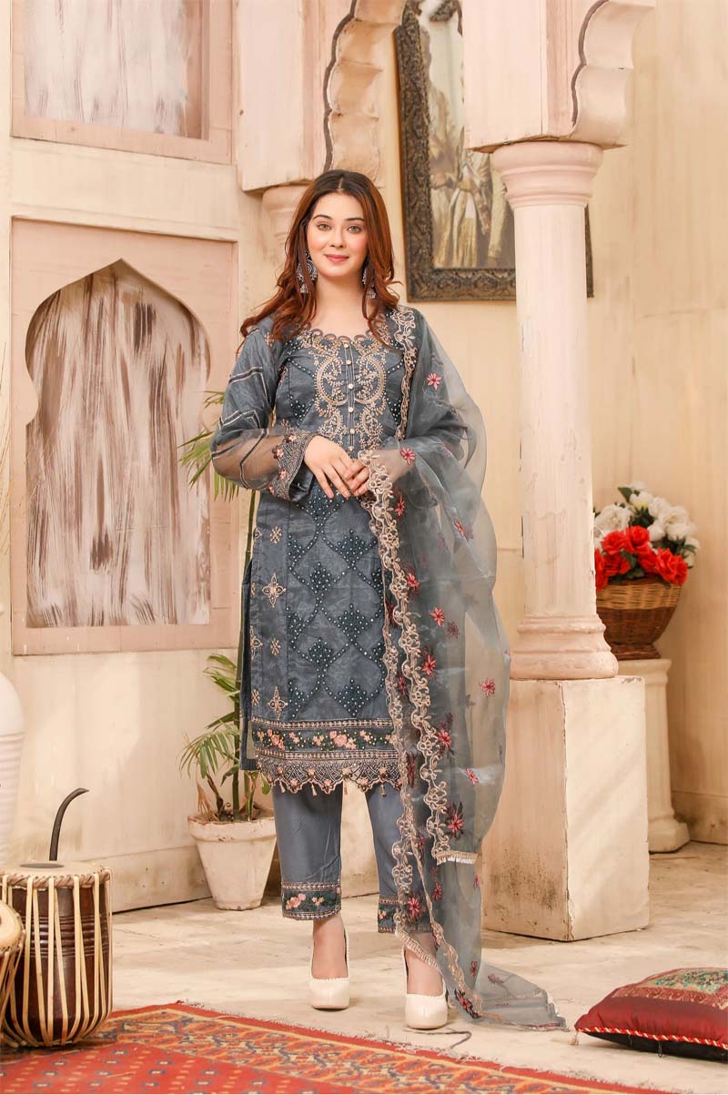 Stunning Organza Mummy & Me Ladies Eid suit Dark Grey - Desi Posh