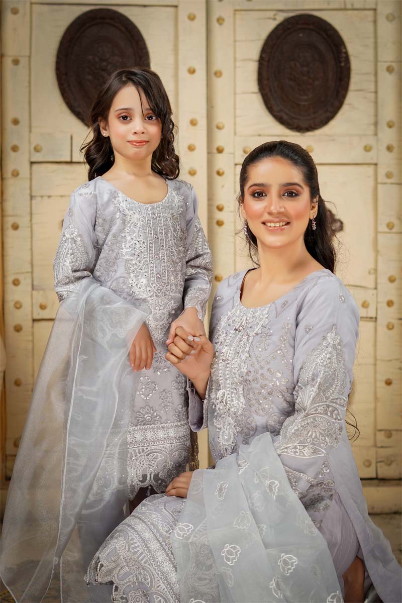 Stunning Organza Mummy & Me Ladies Eid suit Grey - Desi Posh