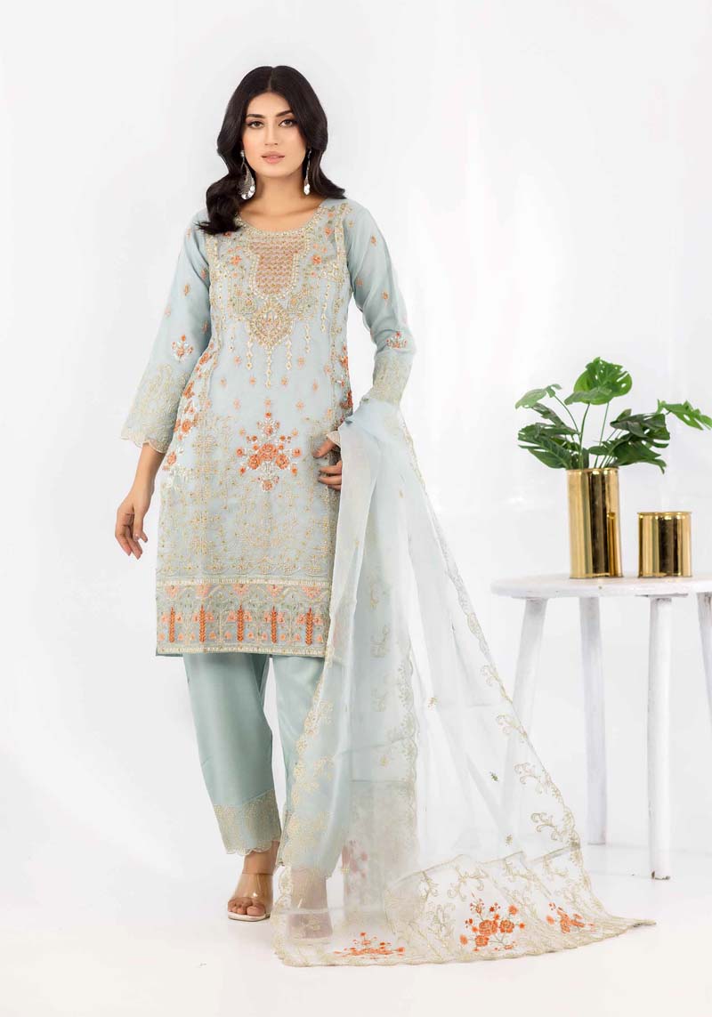Simrans Embroidered Organza Pastel Green Outfit 902 - Desi Posh