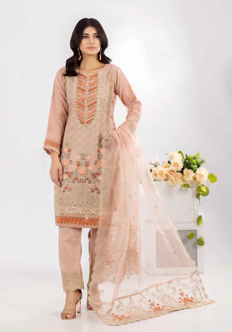 Simrans Embroidered Organza Light Peach Eid Outfit 905 - Desi Posh