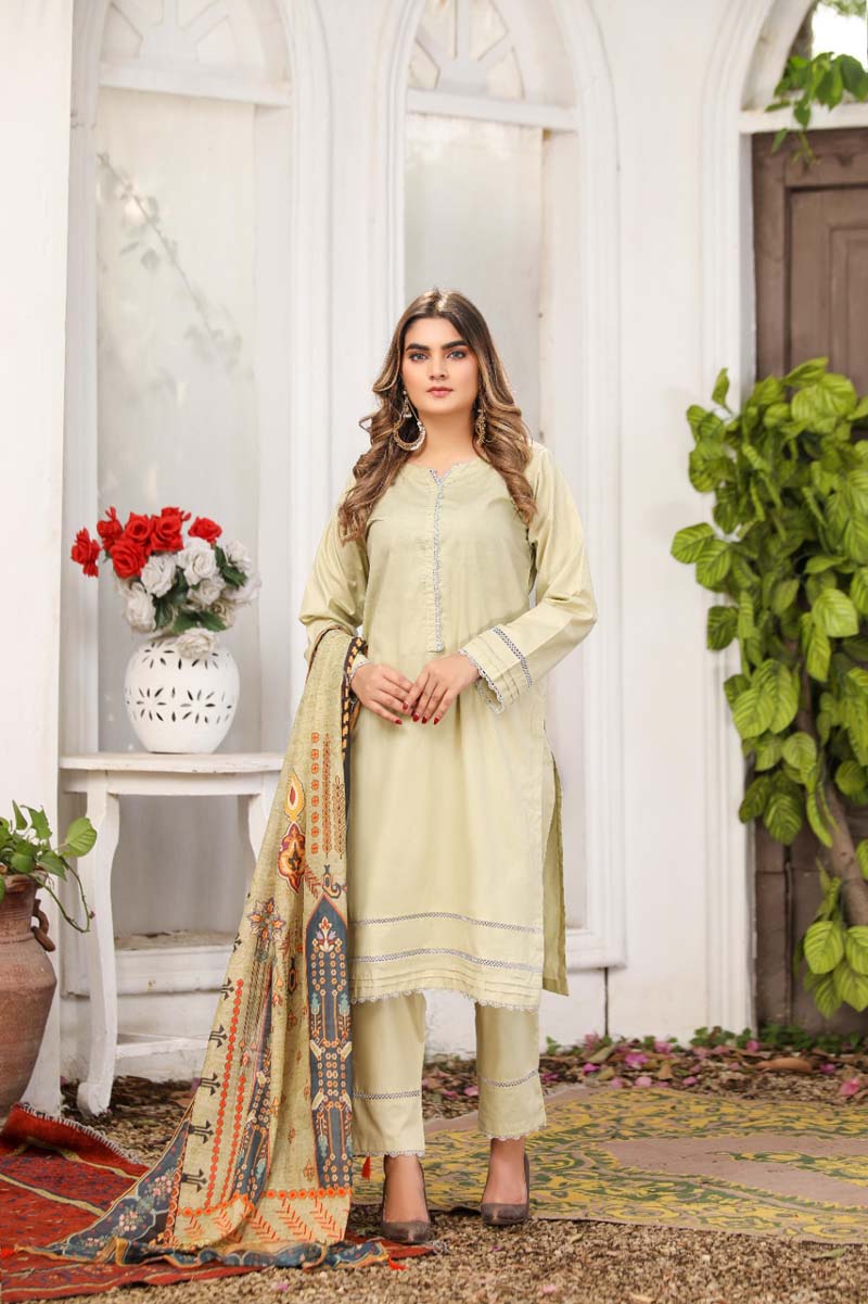 Bin Saeed Light Green 3 Piece Suit with Organza Dupatta - Desi Posh