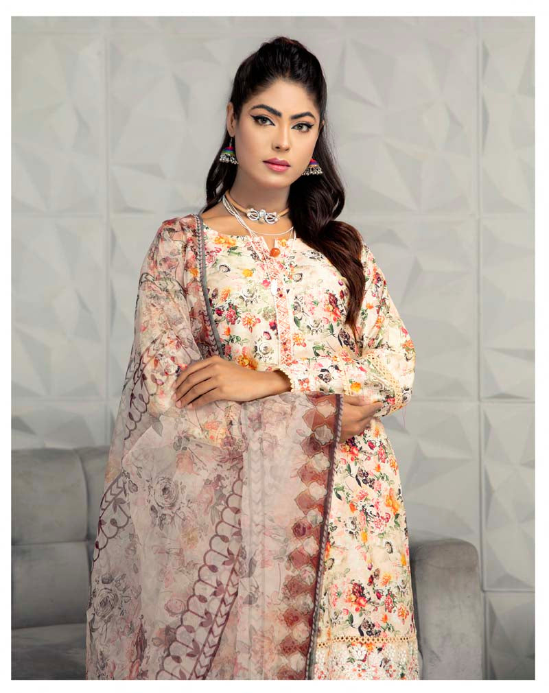 Sehar Floral Eid Lawn Suit With Digital Print Net Dupatta CT12 - Desi Posh
