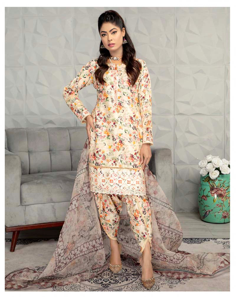 Sehar Floral Eid Lawn Suit With Digital Print Net Dupatta CT12 - Desi Posh