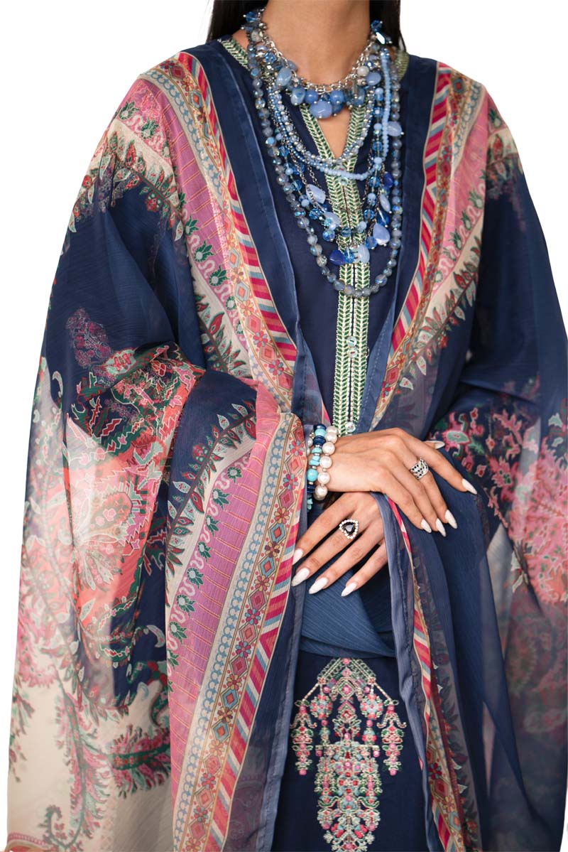 Paas e Parda Luxe 3 Piece Summer Cotton Lawn Outfit Navy Blue - Desi Posh
