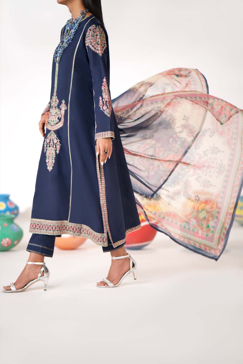 Paas e Parda Luxe 3 Piece Summer Cotton Lawn Outfit Navy Blue - Desi Posh